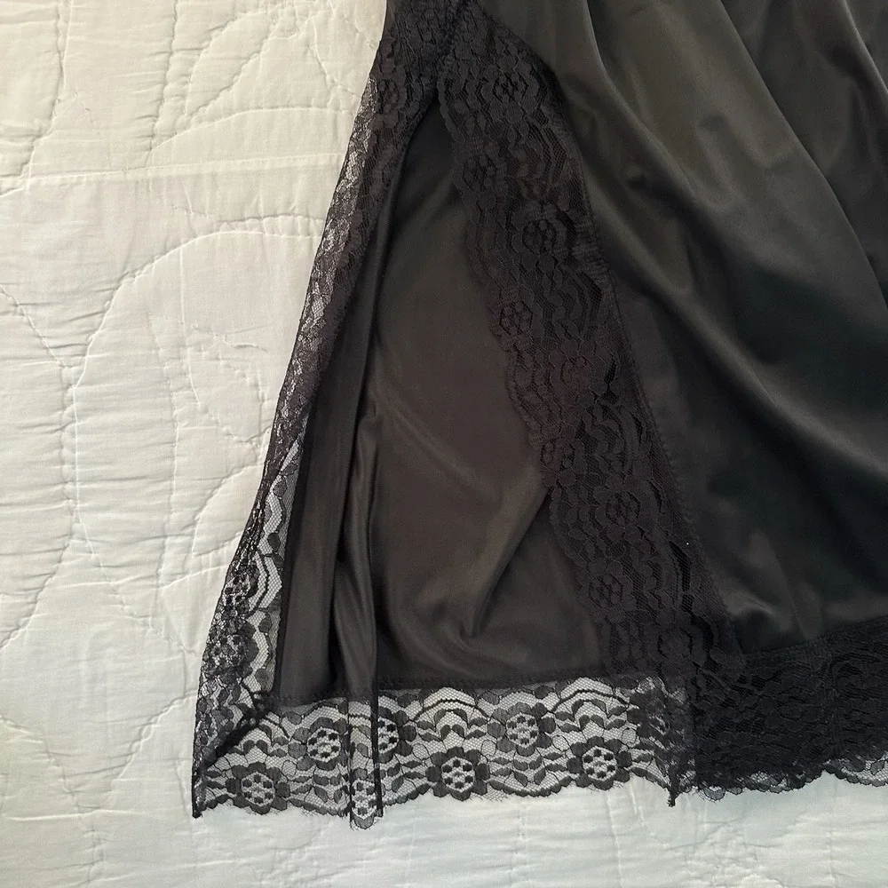 Vintage Black Lace Slit Slip Lingerie‎ Silky Satin Skirt Undergarment